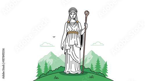 Classical illustration of a Greek goddess or noble woman wearing traditional robes and holding a wooden staff in a mountain landscape.