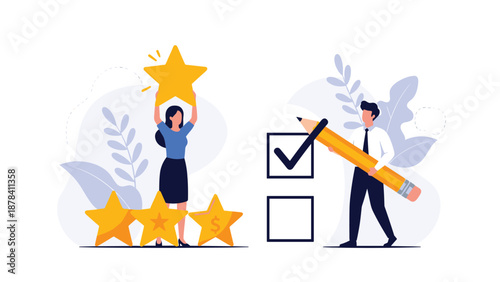 Business people rating a service with five stars and checking a box on a list representing customer feedback and satisfaction survey.
