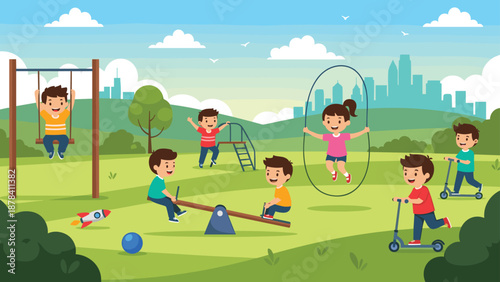 Colorful illustration of many children playing in a city park with a swing, see-saw, scooter, and jump rope under a clear blue sky.