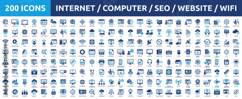 Huge set of 200 solid icons. Mega collection concept of internet, computer, SEO, website and Wifi. Vector illustration.