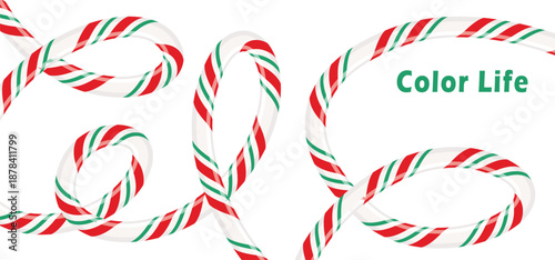 Festive red and green striped candy canes creating vibrant loops and swirls on a clean white background