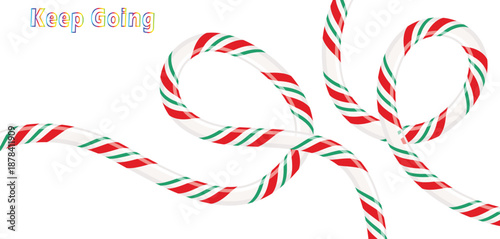 Keep going text above winding festive candy cane striped tubes on a clean white background