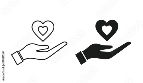 Black and white illustration of hands holding hearts in a symbolic gesture of love and care