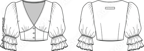 Women fashion crop top technical flat sketch with puff sleeves and tiered ruffles v-neck button front and back apparel template