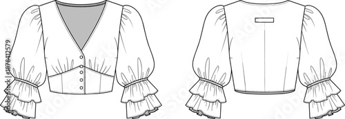 Women fashion v-neck crop top technical flat sketch with puff sleeves and tiered ruffle cuffs front and back view template