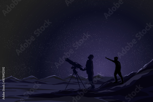 silhouette of a couple observing the night sky with stars and the moon in the desert mountains