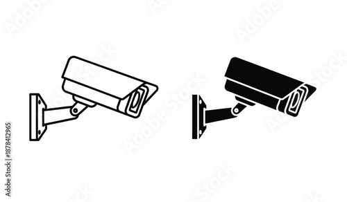 Two security cameras in black and white line art style