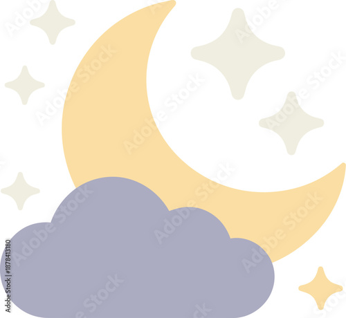 Crescent Moon with Cloud and Stars Vector Icon for Night Sky and Sleep Concepts