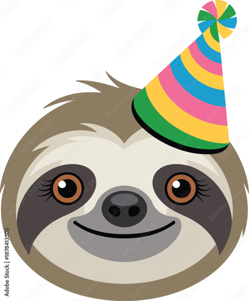 Obraz premium Cute Sloth Face Wearing Party Hat, Vector Illustration for Celebrations