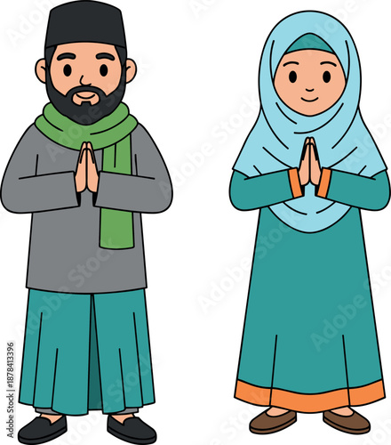Muslim man and woman greeting illustration with traditional clothing respectful welcome gesture Islamic culture cartoon vector artwork