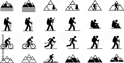 Outdoor adventure and hiking silhouettes icon set with mountains trekking cycling skiing vector illustration for travel sport concept design