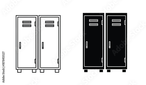 A set of four locker icons in black and white line art style with various design elements and handles