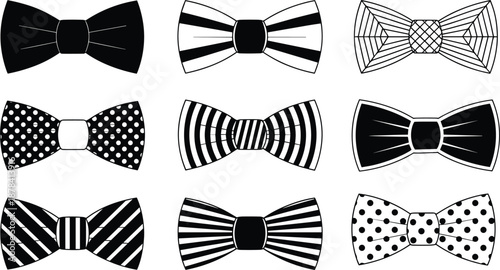 Collection of black and white bow tie icons, patterned necktie set with polka dots and stripes, formal fashion accessory vector illustrations.