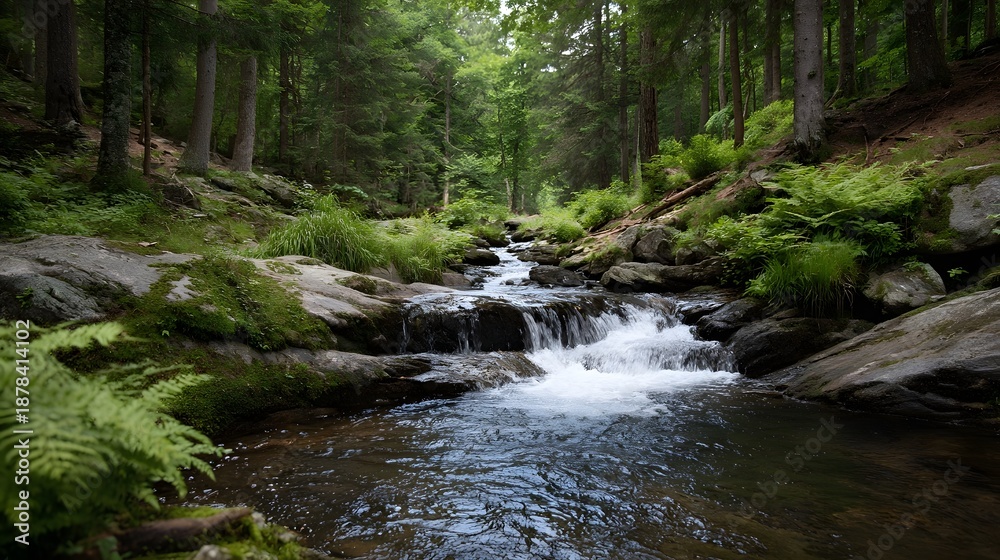 Fototapeta premium A serene forest stream with small cascades flowing over moss covered rocks under d d sunlight