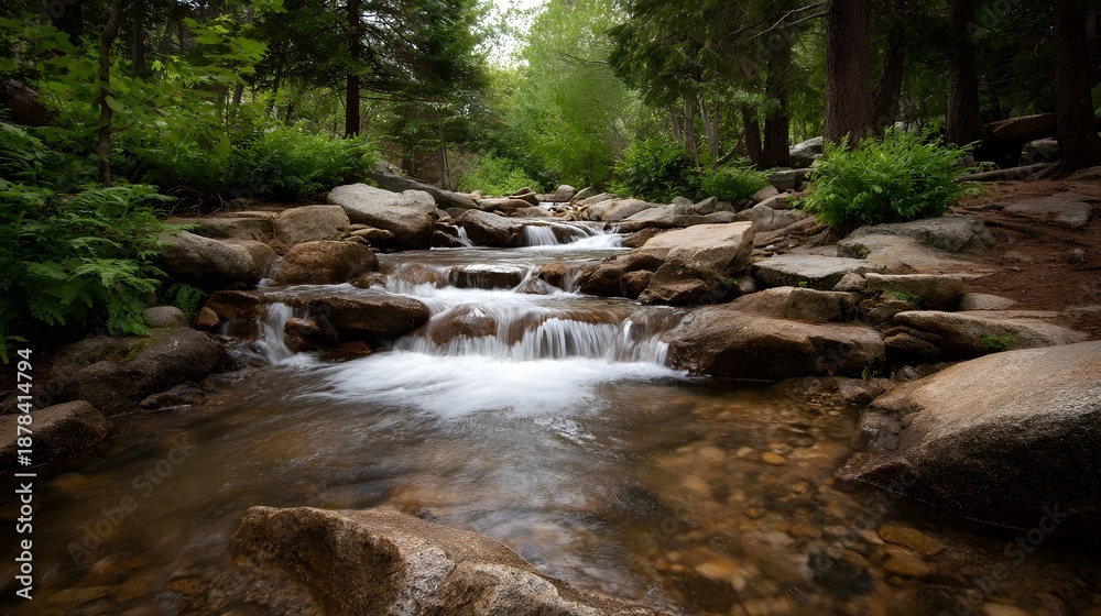 Obraz premium A vibrant forest stream flows over smooth rocks and mossy boulders creating small cascades in a tranquil woodland