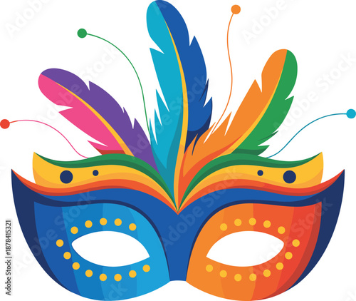 Masquerade mask illustration, colorful feathers, festive carnival design, party disguise icon, vibrant vector art, celebration theme graphic
