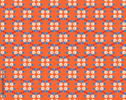 Simple floral pattern Colorful tiny stylized wild flowers, white daisies an orange, salmon, peach background