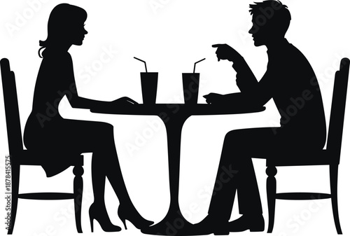 Silhouette of a man and woman sitting at a cafe table drinking juice, couple having a conversation and social meeting. (20 words)
