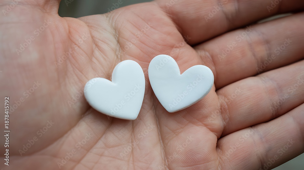 Fototapeta premium Two white hearts in macro A pair of white hearts is placed on the skin of the palm in close-up. The photograph refers to the pure love, harmony, and celebration of Valentine’s Day.