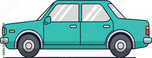 A turquoise car drives down the road in a cartoon style, conveying a fun and cheerful impression