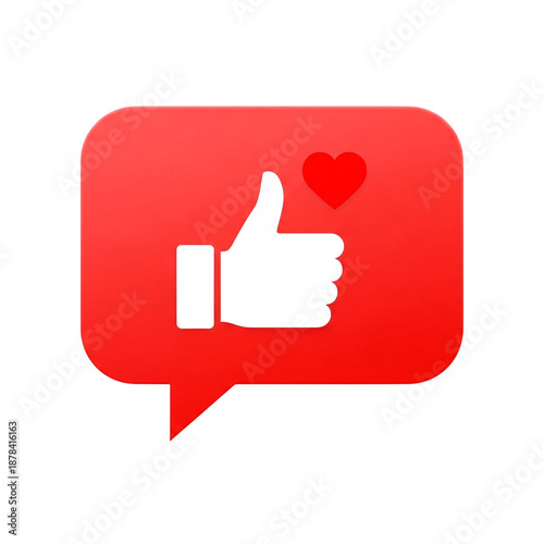 Red speech bubble with white thumb up and heart icon isolated on transparent background