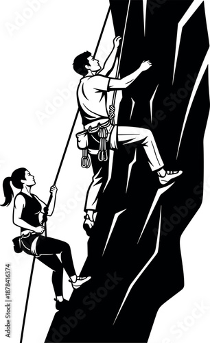 Rock Climbing Silhouette Illustration Showing Man And Woman Ascending Cliff With Rope Safety Gear Outdoor Adventure Vector