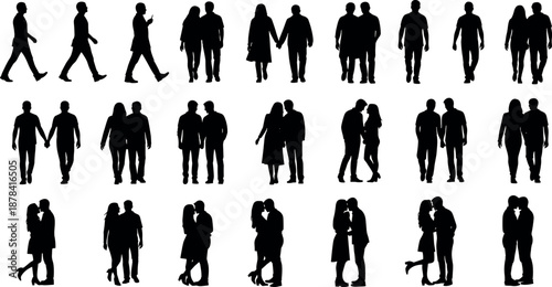 Silhouette collection of couples in various poses, walking, hugging, kissing, holding hands – flavector