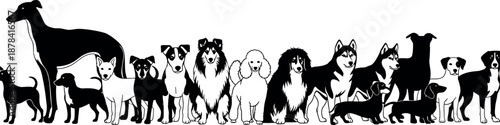 Silhouette lineup of diverse dog breeds, black and white illustration of pet variety – flavector