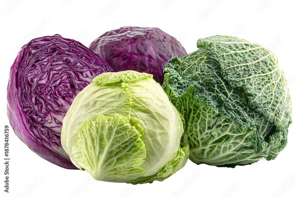 Obraz premium Fresh green and purple cabbages on black background