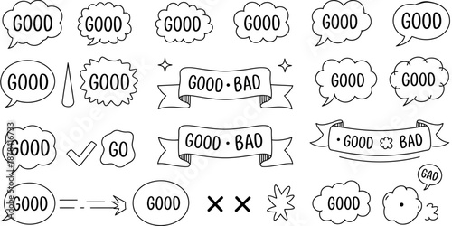 Set of black and white speech bubbles with good and bad labels and symbols for feedback concepts, rating systems, user interface design, reviews, and communication illustration projects.