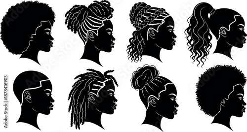 Silhouette profile icons of textured Black hairstyles, cultural diversity, afro, braids, dreadlocks – flavector