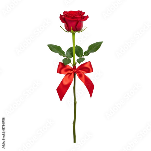 Single Red Rose with Green Leaves and Red Ribbon on White Background