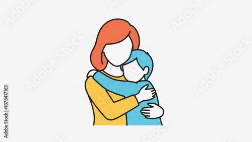 Mother Hugging Baby on White Background, Simple Illustration