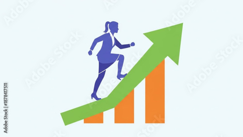 Woman Running Up Green Arrow Graph Increasing Trend Success Concept