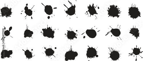 Ink splatter and paint blot set isolated on white background. Black splashes, stains, and splatters with rough grunge texture and dynamic shapes. Abstract design elements for graffiti art, overlays, 