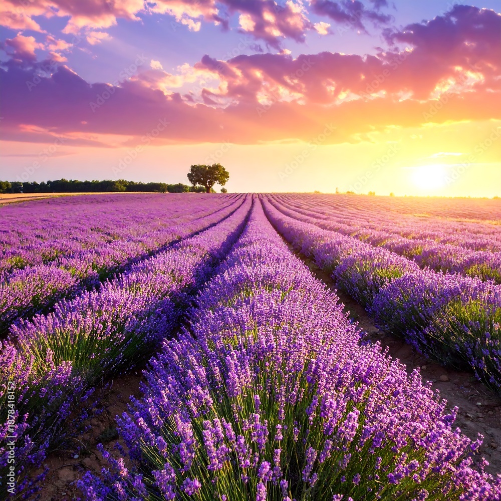 Obraz premium Lavender field at sunset with beautiful purple and orange sky hues