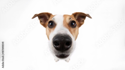 Close-up of a curious dog sniffing the camera lens. Fisheye view of a Jack Russell Terrier on a white background. Funny pet behavior and curiosity concept. Looping video