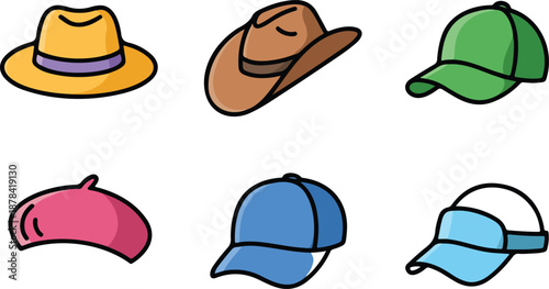Hat & Cap Icon SetFedora, Cowboy, Beret & Baseball Styles