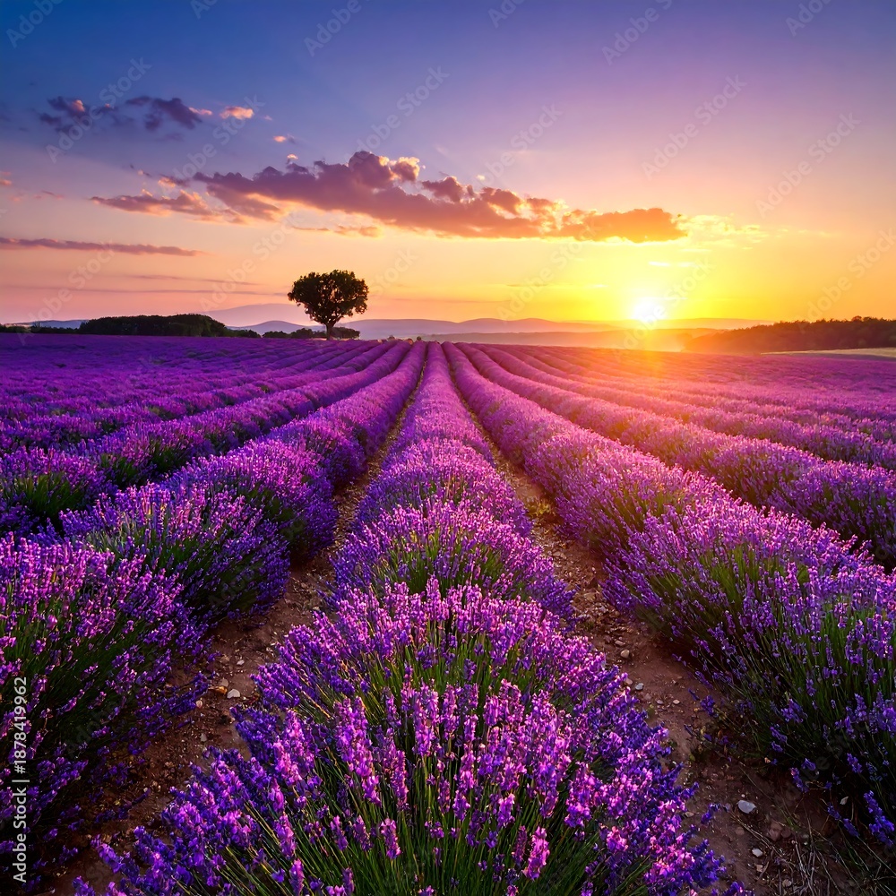 Obraz premium Lavender field in bloom at sunset, with a single tree on the horizon under a vibrant orange and pink sky