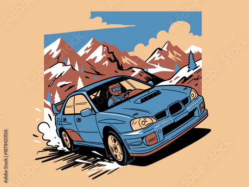 Rally car racing design. Extreme off road drive artwork. Mountain speed challenge illustration. Sport car print design for t shirt print, poster, stic