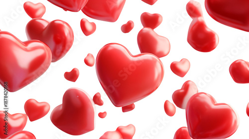 Red shiny hearts floating on white background for Valentine's Day