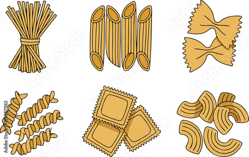 Italian Pasta Shapes Outline Icon Set  Spaghetti, Penne & Farfalle