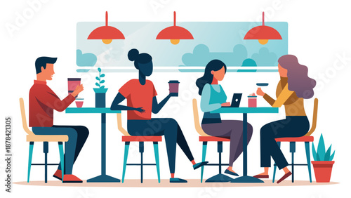 Four friends sitting at a table in a cafe enjoying their drinks and conversation together