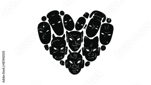 Diverse collection of expressive masks forming a symbolic heart shape, representing unity and shared emotions.