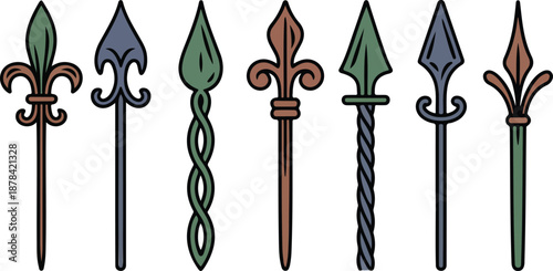 Vintage Wrought Iron Spear & Fence Spike Icon Set  Classic Decorative Elements