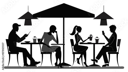 Silhouette of people sitting at outdoor cafe tables under umbrella