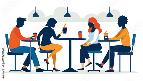 Illustration of diverse people sitting at a table in a casual setting