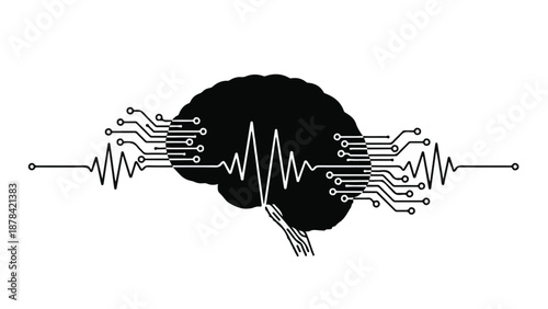Abstract representation of a human brain with digital circuitry and a neural wave pattern, symbolizing technology and thought.