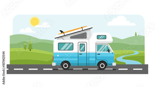 Campervan travels on road through green landscape with surfboard on roof