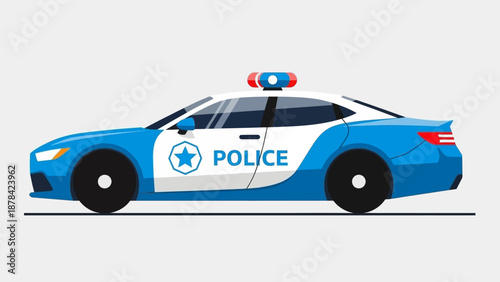 Police car illustration with flashing lights on a plain background viewed from the side